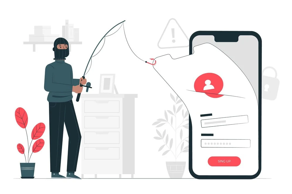 Metaphorical representation of a phishing attack with a disguised attacker fishing for information from a breached smartphone screen, set in an indoor environment.